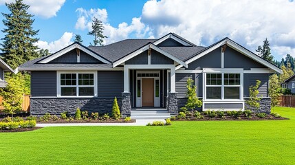 Obraz premium Small gray ranch-style house model, symmetrical facade with a central door, wide windows, and a neat yard, sunny day, sharp and minimalist composition. 