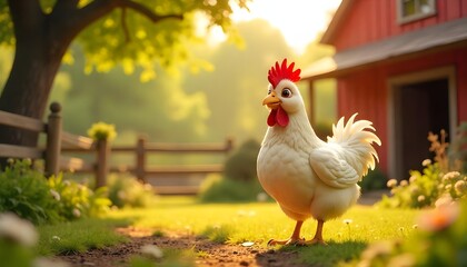 Fototapeta premium Charming Cartoon Chicken Standing in Sunlit Farmyard with Lively Background