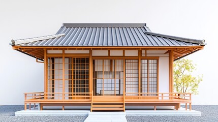 Small Japanese house with a neat tiled roof, wooden porch, and shoji screen windows, clean white backdrop, crisp and inviting tones 