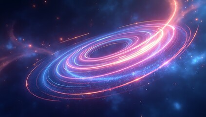 A mesmerizing digital artwork of swirling, radiant light trails in a deep cosmic background. A conceptual representation of energy, movement, and futuristic technology