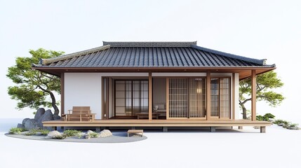Fototapeta premium Small Japanese house with a neat tiled roof, wooden porch, and shoji screen windows, clean white backdrop, crisp and inviting tones. 