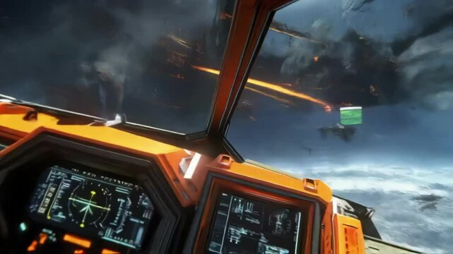 Dramatic space battle unfolds from the perspective of a spaceship cockpit, featuring explosions, asteroids, and enemy fighters engaging in intense combat against a backdrop of a cloudy planet