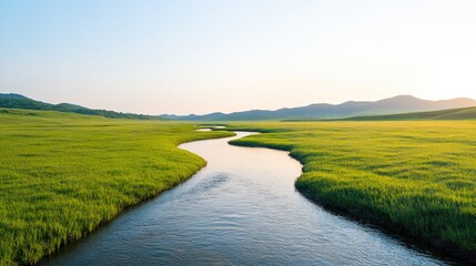 Obraz premium gentle river flowing through green meadows under clear blue sky with plenty of tranquil copy space to highlight serene