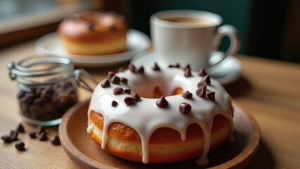 A white-glazed donut with chocolate chips, served with coffee on a wooden plate in a rustic caf&eacute; setting with warm, natural lighting.