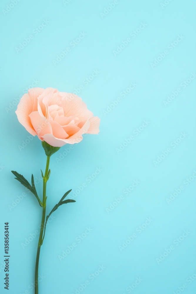 Poster minimalistic scene with single pink carnation on smooth solid blue background offering ample copy sp