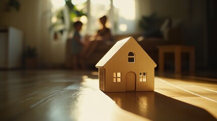 Small wooden house figurine on a warm wooden floor, family playing happily in the blurred background, natural light streaming in, sharp and inviting tones. 