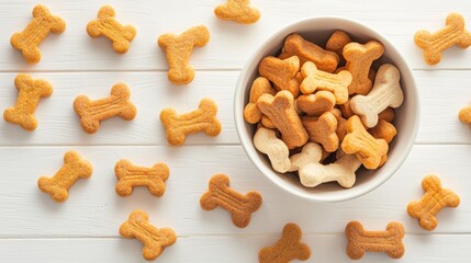 Fototapeta premium A carefully curated selection of crunchy bone-shaped pet treats in a bowl, ready to be enjoyed by a happy and well-fed dog