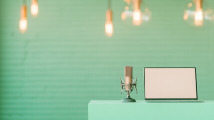 sleek podcast recording desk with compact microphone and open laptop set against light green chroma key background