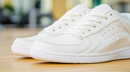 A close-up of a pair of sneakers on a wooden floor with a blurred gym in the background, offering an active lifestyle theme with blank margins for text,