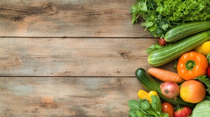 vibrant collection of fresh vegetables and fruits arranged on rustic wooden table emphasizing natural bounty of vegan
