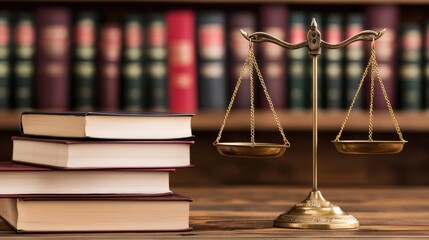 A brass scale of justice rests on a wooden desk in front of a stacked collection of law books in a library setting symbolizing legal fairness and judgment.