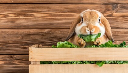 Close-up of a cute lop-eared rabbit with a mouthful of lettuce, happily eating in a peaceful outdoor space with natural sunlight