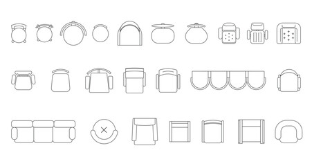 Chair outline top view. Floor plan icons set for design interior and architectural project. Furniture thin line icon in top view for layout. © senja