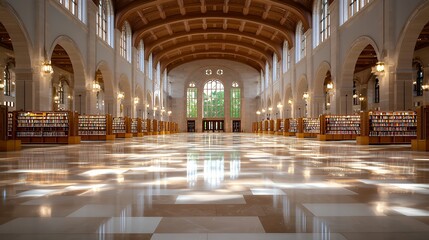 Obraz premium Grand Library Interior with Arched Ceilings, Book Shelves, Shiny Floor and Large Windows
