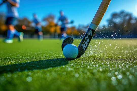 Close up of field hockey stick striking ball on green turf, capturing action and excitement of game. vibrant background adds to dynamic atmosphere