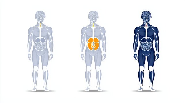A minimalist infographic showing a human body with highlighted kidneys, providing an educational backdrop with blank margins for captions,