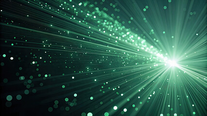 Fototapeta premium Abstract background with green glowing rays and bokeh dots. Big data concept. Vector for banner. Green tech wallpaper.