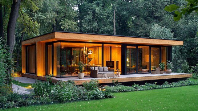 Stylish modern wooden house, smooth timber panels, open glass walls, lush landscaping, evening light, slight wide-angle shot for depth. 