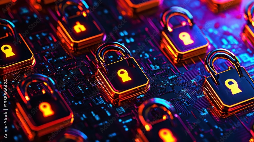 Poster secure padlock on a circuit board symbolizing cybersecurity for b2b communication channels and data 