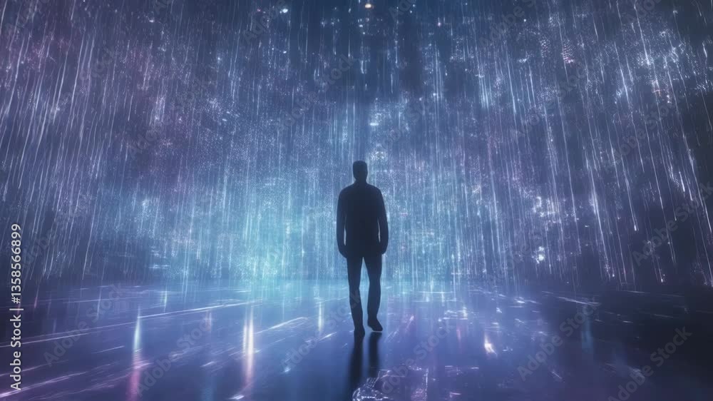 Aufkleber a solitary figure standing beneath a digital downpour the neonlit raindrops creating a mesmerizing s