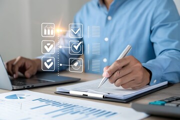 Checklist online document practices and policies concept, Businesswomen use tablets to check steps through policies document company articles of association Terms and Conditions, Quality inspection