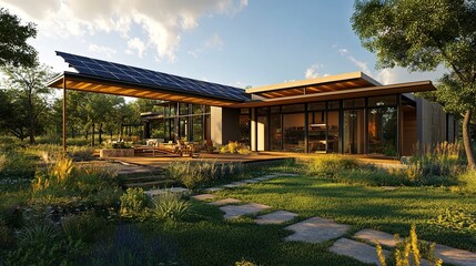 Sustainable Texas house, solar panels glistening under a sunny sky, modern design with neutral tones, lush lawn, wide shot, vibrant colors.  