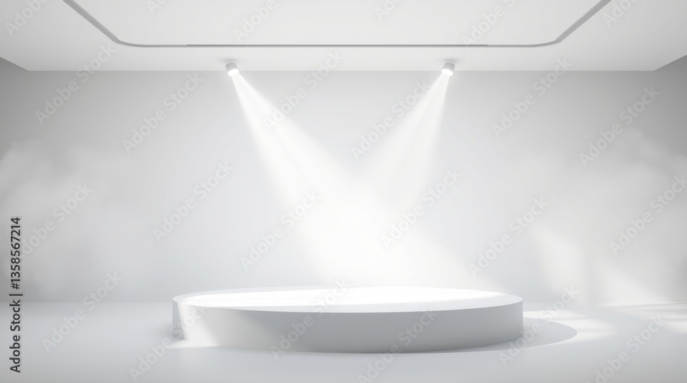 Poster white platform illuminated by spotlights in a minimalist modern setting