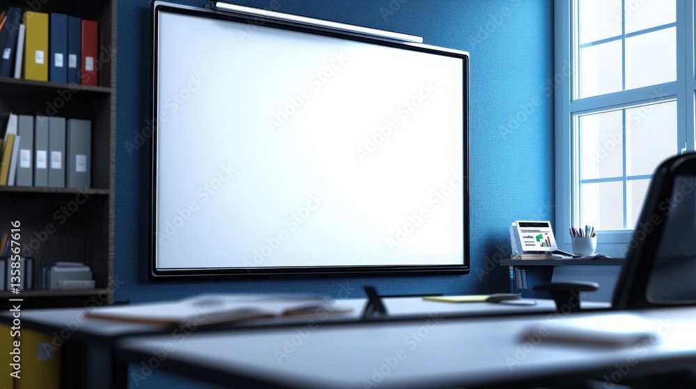 Poster modern desk with computer and monitor illustrating the concept of digital whiteboard for effective t