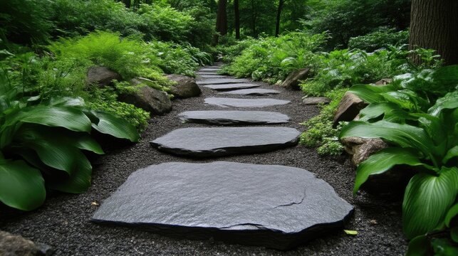 Serene stone path winding through lush garden.  Dark gray flagstones create a walkway amongst vibrant foliage, rocks, and greenery