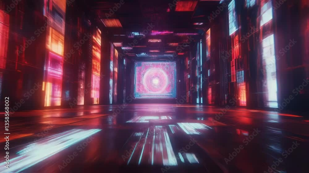 Poster seamless vj loop animation flying through a glowing neon cyber tunnel with colorful lights and refle