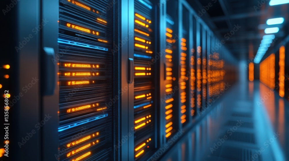 Poster high-tech server room filled with multiple servers representing the backbone of modern edge computin