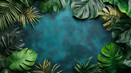 Fototapeta premium Tropical Paradise: Lush Green Monstera Leaves Frame Teal Background