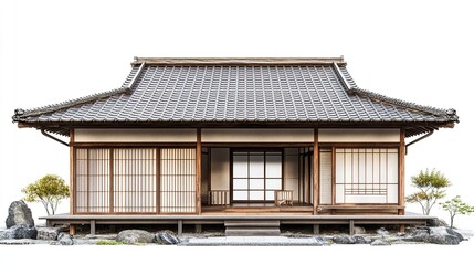 Obraz premium Traditional Japanese house with a simple structure, wooden details, and steep tiled roof, white background, clean and detailed focus. 