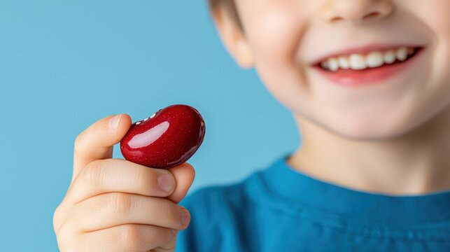 A close-up of a person smiling while holding a kidney-shaped fruit (like a kidney bean), creating a cheerful and symbolic backdrop with blank areas for text,
