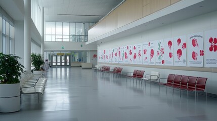 A hospital waiting area decorated with kidney health awareness banners, offering a professional and informative setting with ample copy space,