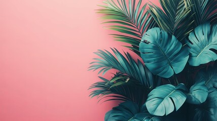 Naklejka premium Pink Tropical Paradise: Lush Monstera and Palm Leaves