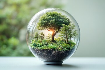 A beautiful glass terrarium showcasing a miniature forest with a vibrant tree and lush greenery, capturing nature's essence indoors.