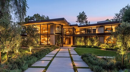 Two-story modern residence, exterior lights highlighting clean architecture, walkway through a lush front yard, dusky sky adding warmth and depth.  