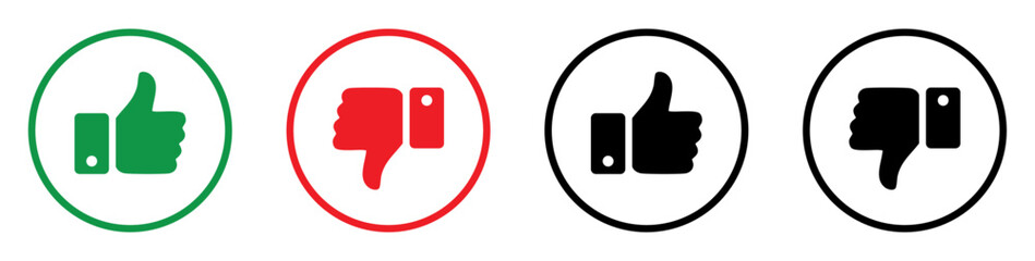 Thumb up, thumb down, like and dislike icons buttons collection. Silhouette and outline circle style. Isolated vector Illustration.