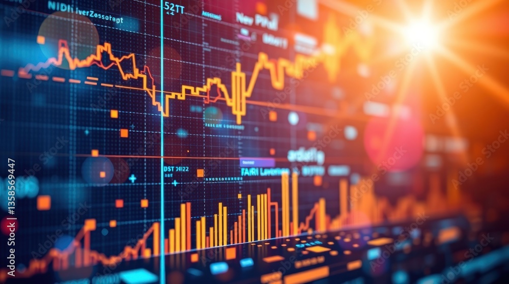 Poster glowing stock market data charts and graphs are displayed