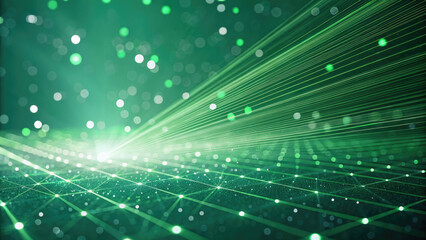 Fototapeta premium Abstract background with green glowing rays and bokeh dots. Big data concept. Vector for banner. Green tech wallpaper.