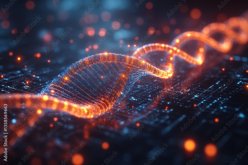 Poster a close-up view of a glowing dna strand representing genetic information and biotechnology innovatio