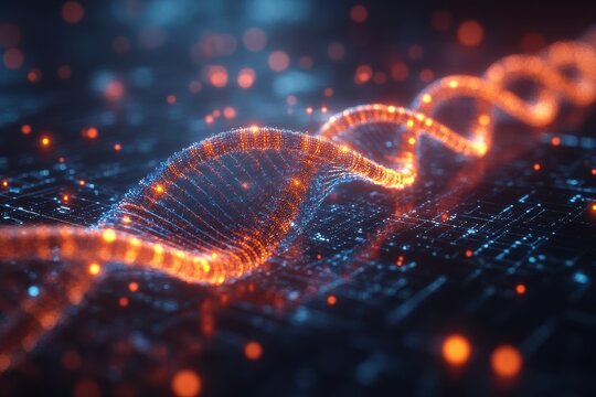 A close-up view of a glowing DNA strand representing genetic information and biotechnology innovation in a digital environment.