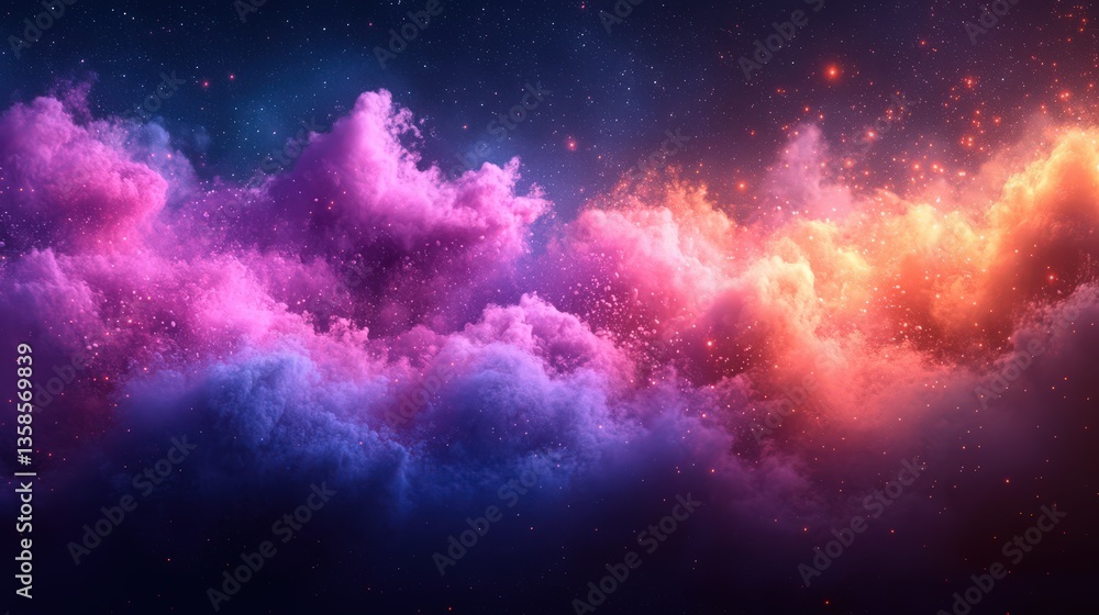 Poster abstract cosmic clouds with glowing particles in nebulous space design