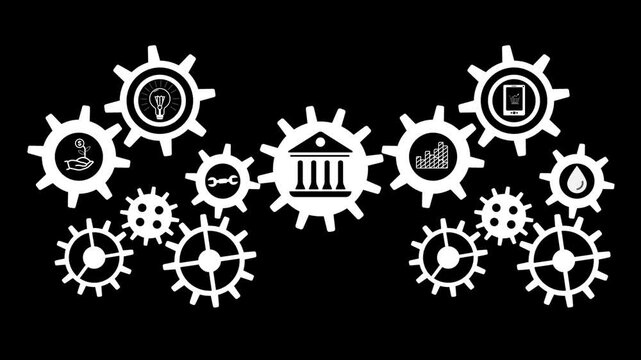 4K Rotating Gear Animation with Bank, Home, Bulb, setting, Money tree, business Graff chart Icons &ndash; Mechanical Concept for Industry Use.