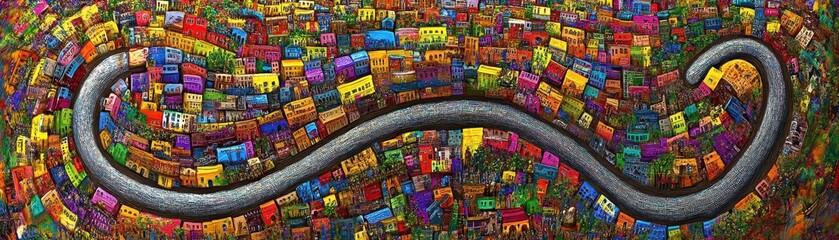 Fototapeta premium Vibrant painting featuring a striking snake coiled in the center, surrounded by a lively cityscape filled with colorful buildings, bustling streets, and a bright blue sky.