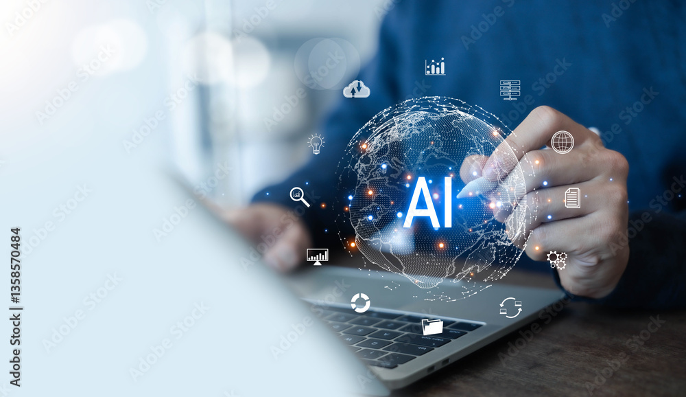 Fototapete  Business data using AI technology background using computer customer service showing data connection storing various data with AI to help simplify documents
