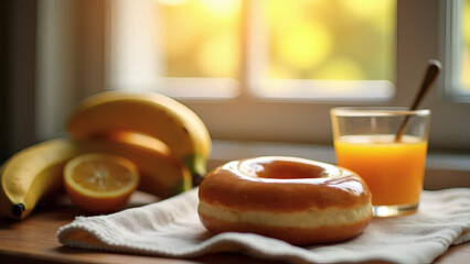 A glazed donut with bananas and orange juice on a rustic table, set against a sunlit window for a cozy and fresh morning vibe.