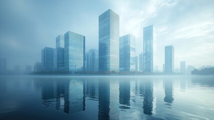 Fototapeta premium Misty Metropolis: Skyline Reflection on Calm Waters