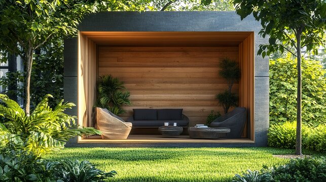 Wooden shed and garden furniture in a vibrant green backyard, framed by a sleek modern window, sunlight streaming in, clear and detailed. 